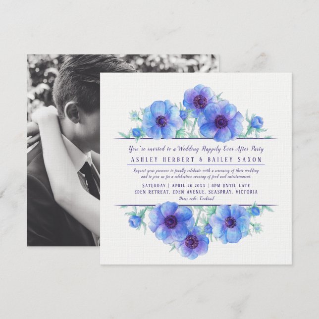 Blue anemone happily ever after the wedding party invitation (Front/Back)