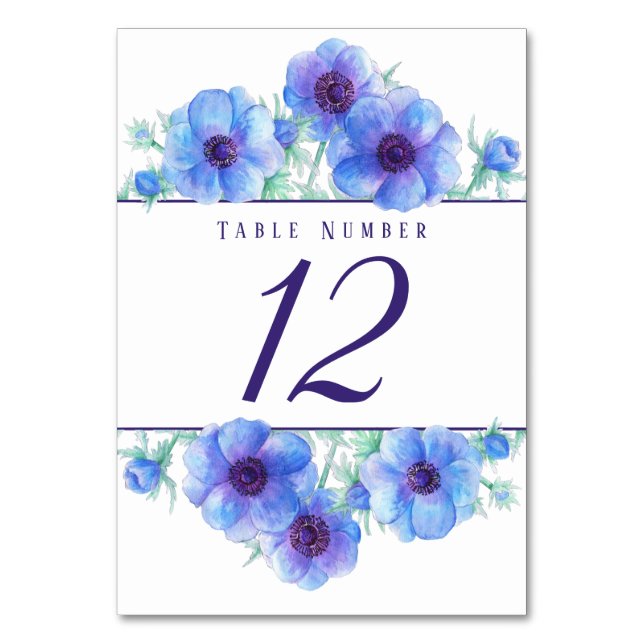 Blue anemone watercolor art table numbers (Front)