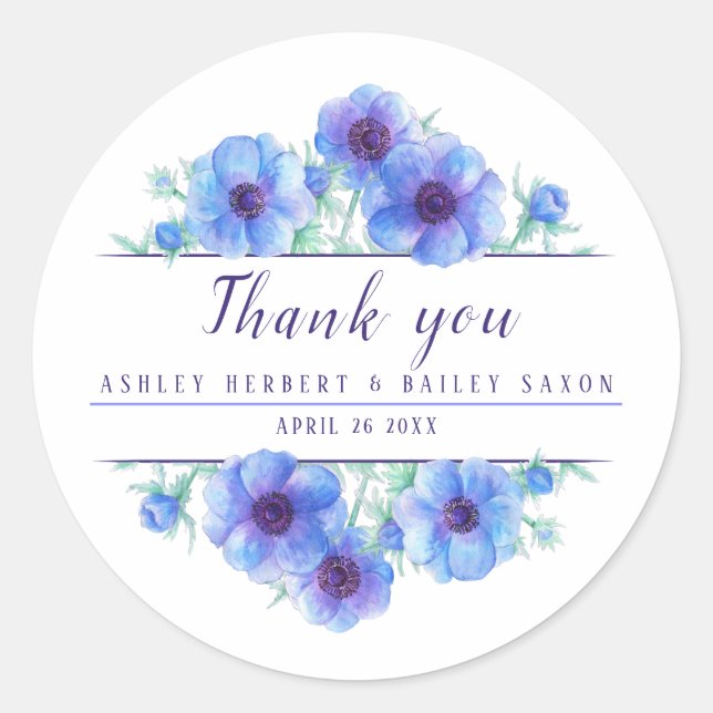 Blue anemone watercolor wedding thank you stickers (Front)