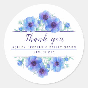 Blue anemone watercolor wedding thank you stickers
