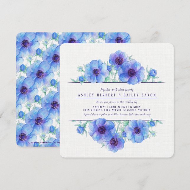 Blue anemones botanical watercolor wedding invites (Front/Back)