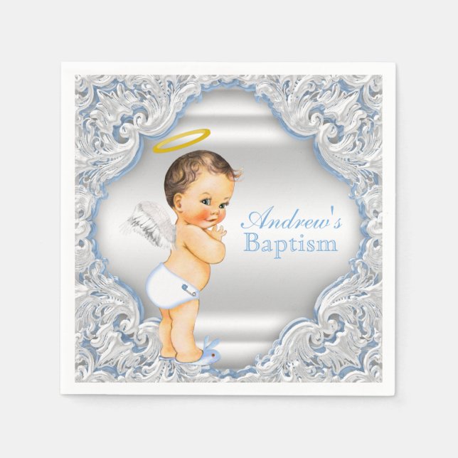 Blue Angel Boy Baptism Napkin (Front)