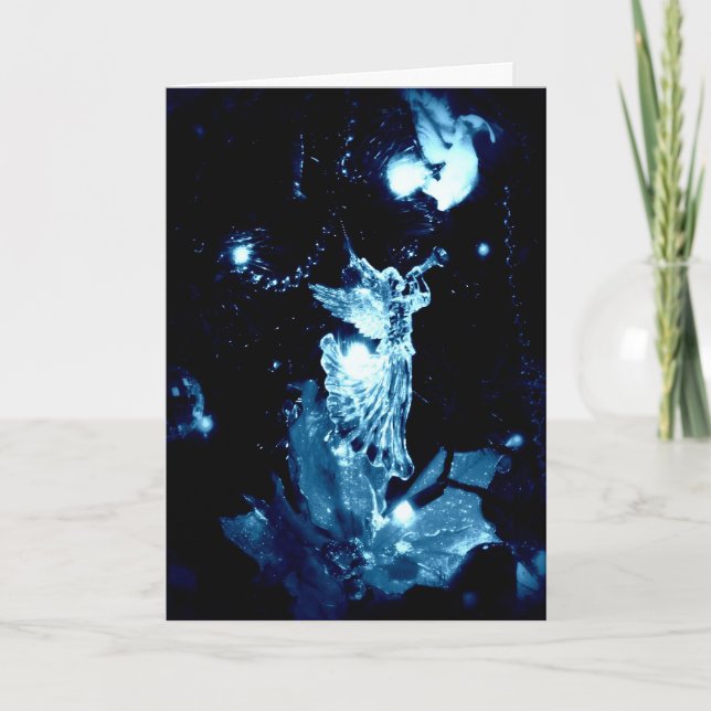 Blue angel on black Christmas card (Front)