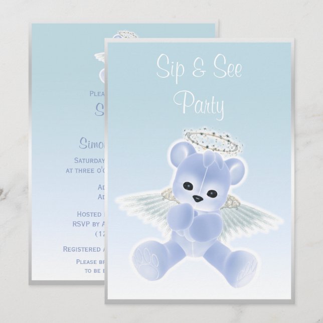 Blue Angel Teddy Bear Sip & See Invitation (Front/Back)