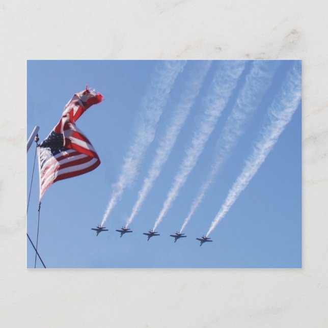 Blue Angels flying and an American Flag flying Postcard (Front)