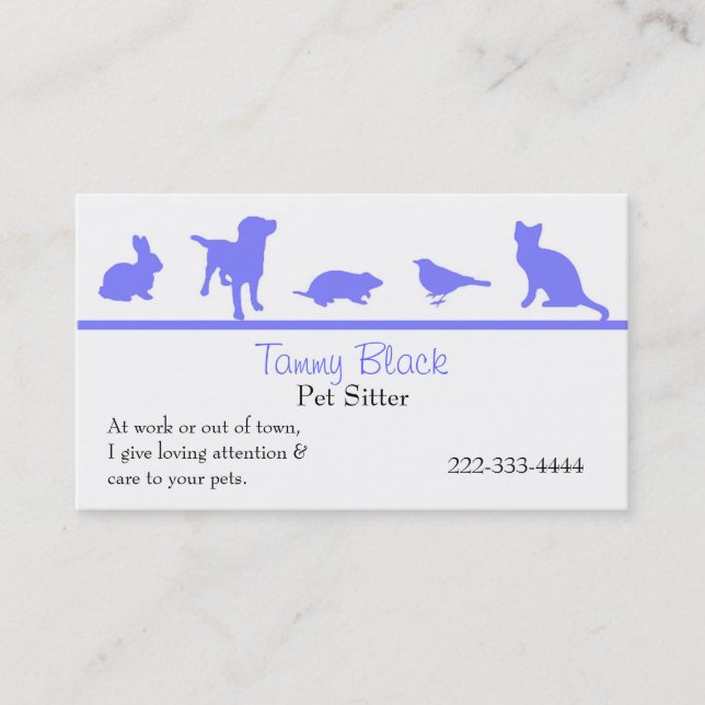 Blue Animal Silhouettes Pet Care Business Card (Front)