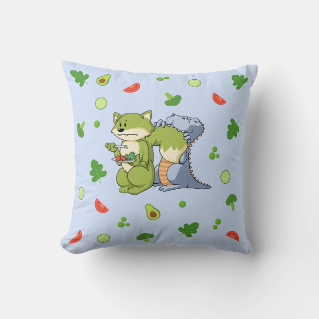 Blue Animals and Vegetables Kids Throw Pillow (Front)