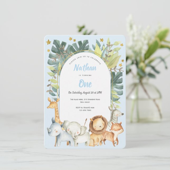 Blue animals boy 1st birthday safari jungle invitation (Standing Front)