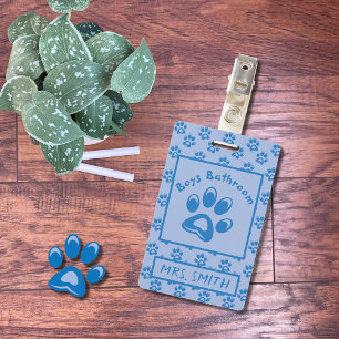 Blue animals paw prints boys bathroom pass badge ID badge