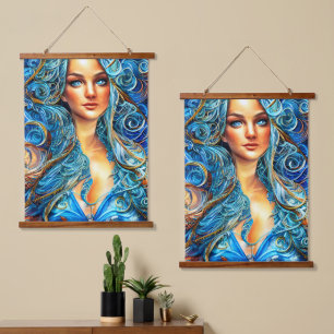 Blue Anime Fantasy Goddess Abstract Surrealism Art Hanging Tapestry