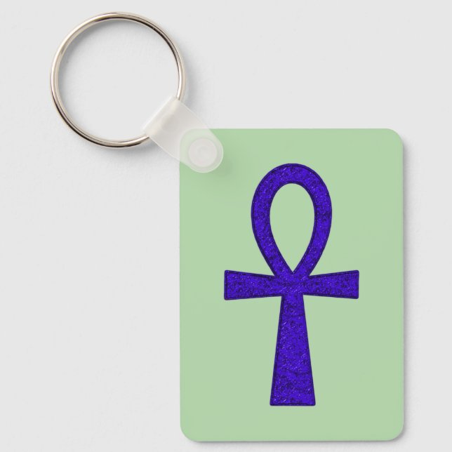 Blue Ankh Rectangular Metal Keychain (Front)