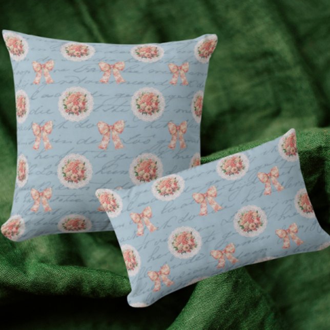 Blue Antique Lettering Toile Bows Pink Roses Cushion (Available in 3 sizes)