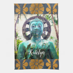 Blue antique tropical buddha photo custom name tea towel