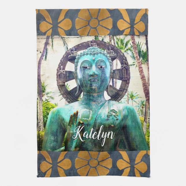 Blue antique tropical buddha photo custom name tea towel (Vertical)