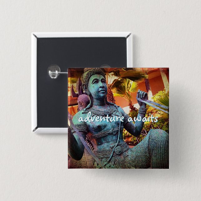 Blue Antique Warrior Statue Adventure Awaits Quote 15 Cm Square Badge (Front & Back)