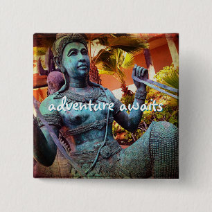 Blue Antique Warrior Statue Adventure Awaits Quote 15 Cm Square Badge
