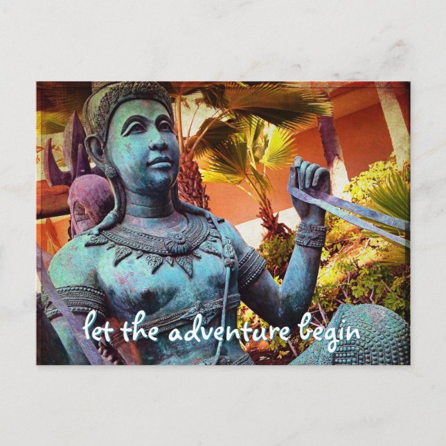 Blue Antique Warrior Statue Let Adventure Begin Postcard (Front)
