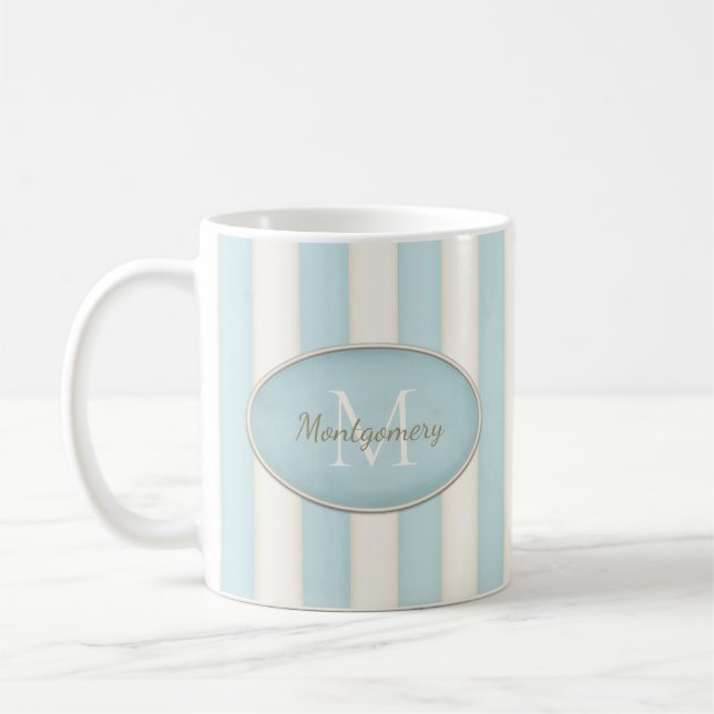 Blue & Antique White Stripes Oval Framed Monogram Coffee Mug (Left)