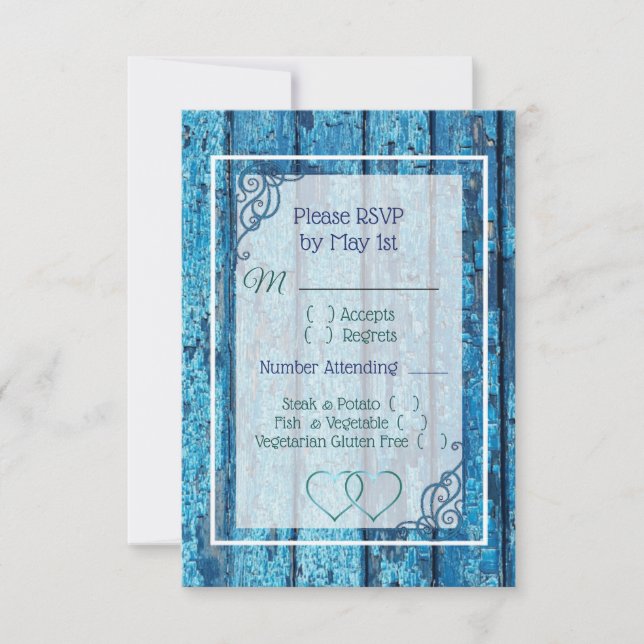 Blue Antique Wood Wedding RSVP card (Front)