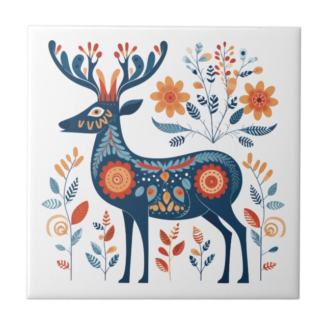 Blue Antler Deer Scandinavian Folk Art Tile (Front)