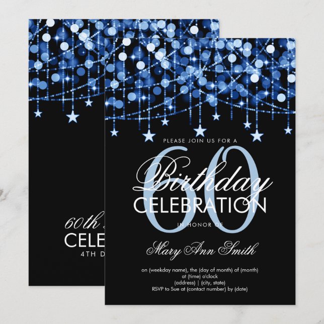 Blue Any Age Birthday String Lights & Stars Invitation (Front/Back)