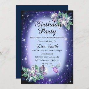 Blue Any Age Bling Floral Bird Birthday Invitation