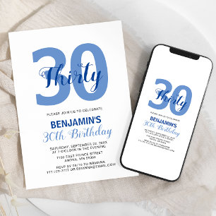 Blue Any Age Monogram Birthday Invitation