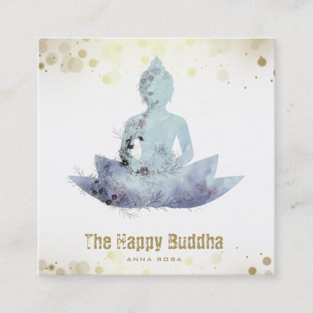 *~* Blue AP33 Buddha QR Botanical Floral Lotus  Square Business Card (Front)