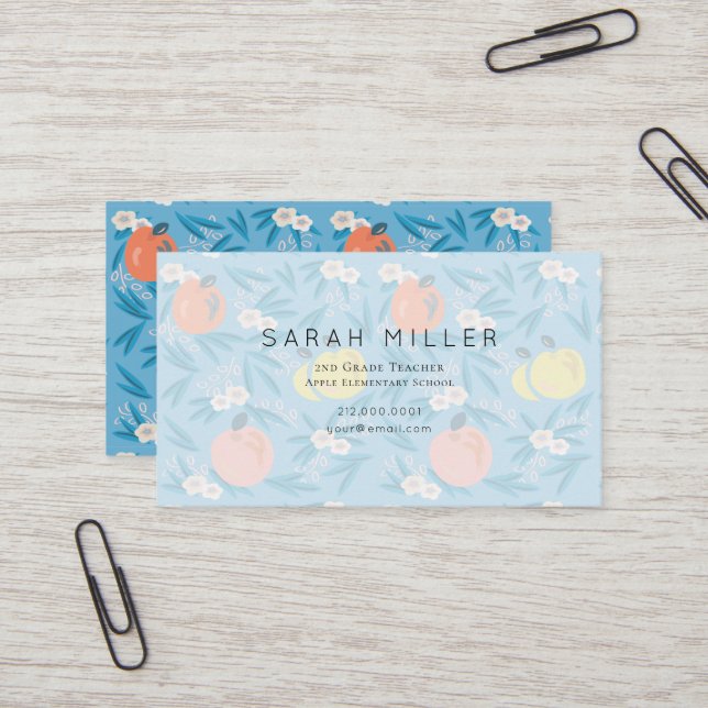 Blue Apple Floral Pattern Teacher Business Card (Front/Back In Situ)