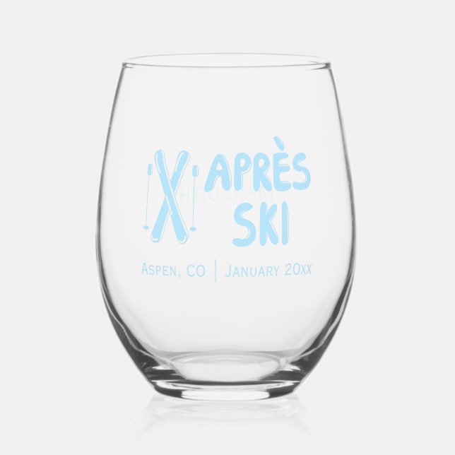 Blue Apres Ski Bachelorette Party Stemless Wine Glass (Front)