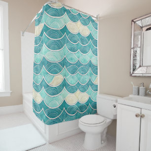 BLUE AQUA AND WHITE ROLLING WAVES SHOWER CURTAIN
