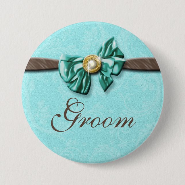 Blue aqua brown gem bow floral 7.5 cm round badge (Front)