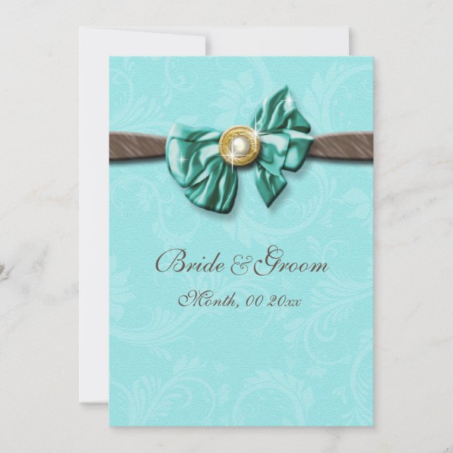 Blue aqua brown gem bow floral invitation (Front)