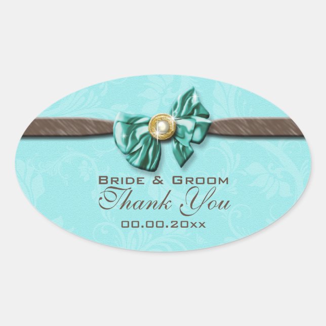 Blue aqua brown gem bow floral oval sticker (Front)