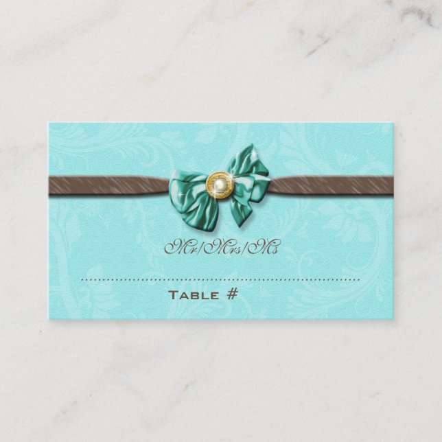 Blue aqua brown gem bow floral place card (Front)