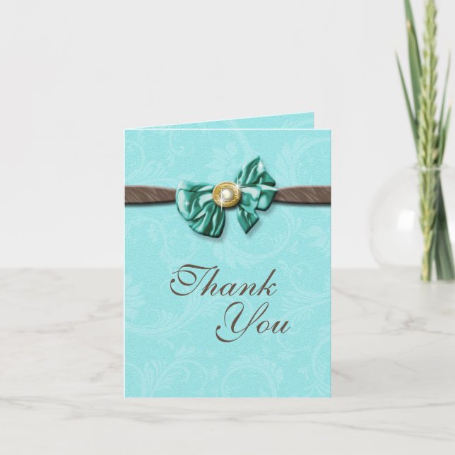 Blue aqua brown gem bow floral thank you card (Front)