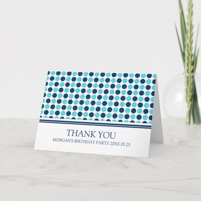 Blue Aqua Dots Birthday Party Thank You Card (Front)