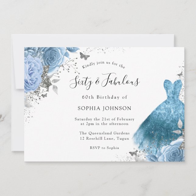 Blue Aqua Dress & Flowers 60th & Fabulous Birthday Invitation (Front)