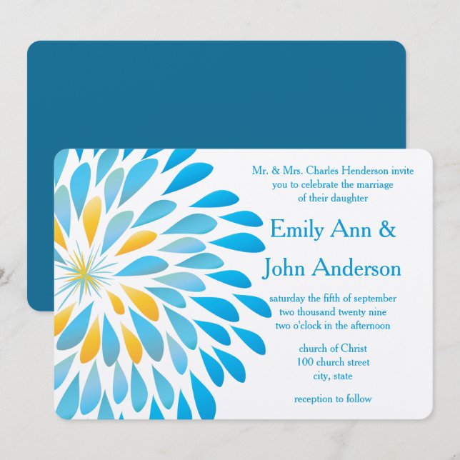Blue Aqua Floral Chrysanthemum Wedding Invitations (Front/Back)
