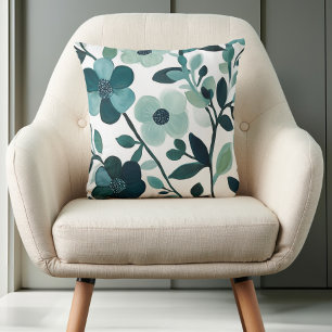 Blue Aqua Floral Vines on White Elegant Design Cushion