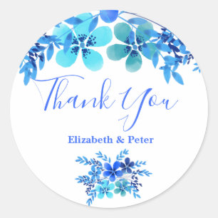 Blue & Aqua Floral Watercolor Wedding Thank You Classic Round Sticker