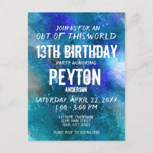 Blue Aqua Galaxy Watercolor Birthday Invite Postcard