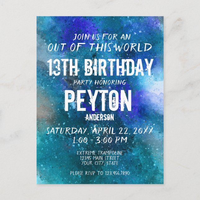 Blue Aqua Galaxy Watercolor Birthday Invite Postcard (Front)