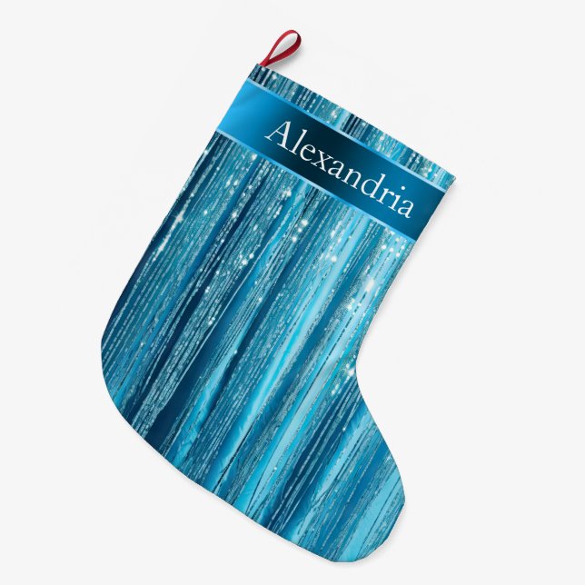 Blue Aqua Glam Glitz Christmas Name Large Christmas Stocking (Front (Hanging))
