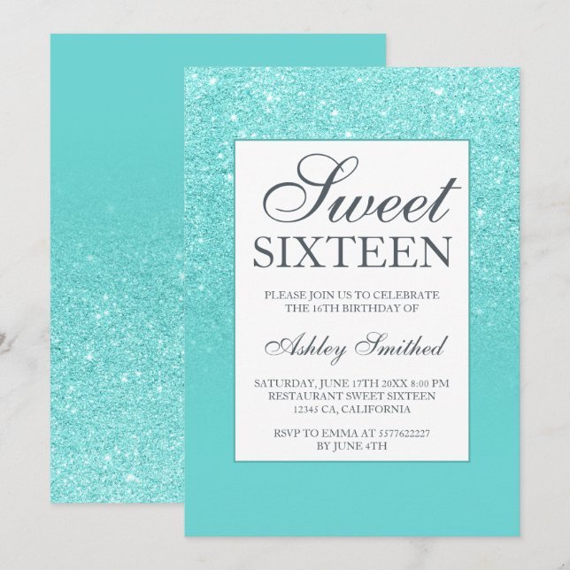 Blue aqua glitter elegant chic Sweet 16 Invitation (Front/Back)