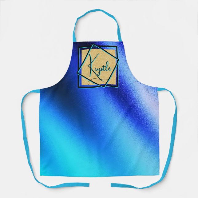 Blue Aqua Gold Glittery Elegant Print Apron (Front)