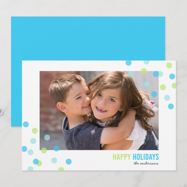 Blue Aqua Green Confetti Photo Happy Holidays Card (Front/Back)