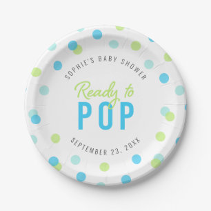 Blue Aqua Green Confetti Ready to Pop Baby Shower Paper Plate