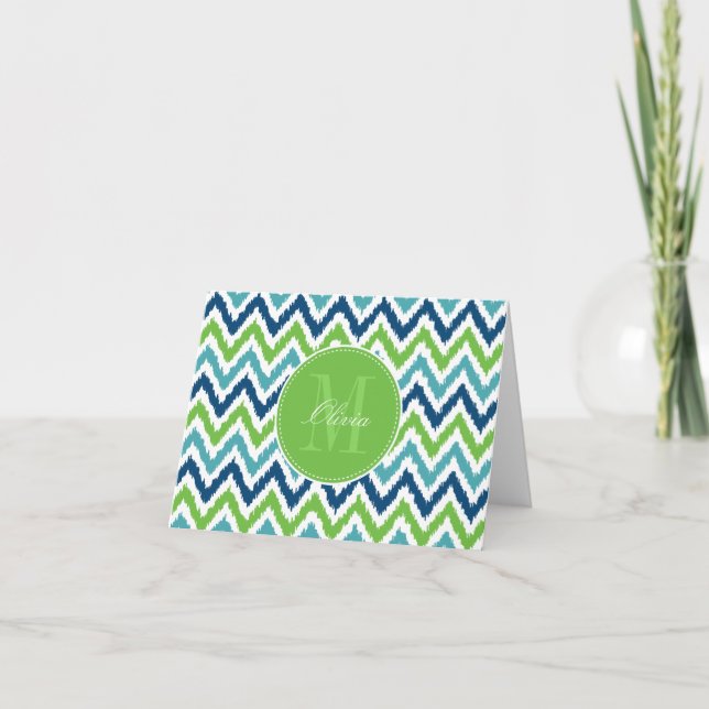 Blue Aqua Green Zigzag Ikat Pattern Note Card (Front)