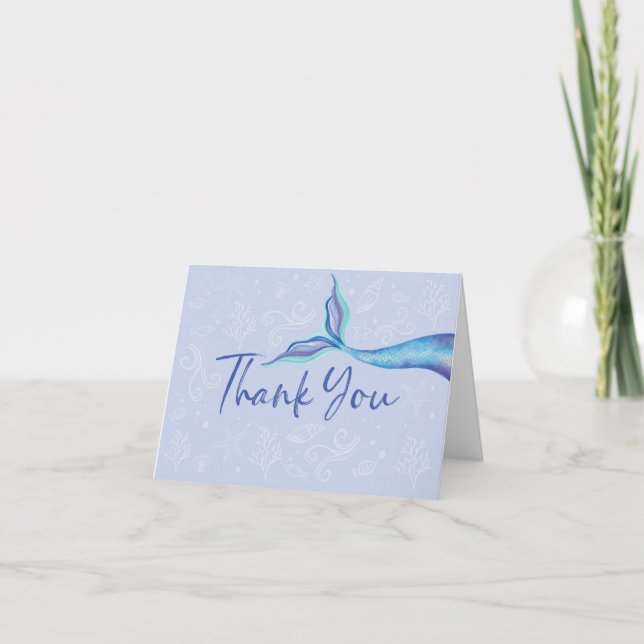 Blue & Aqua Iridescent Watercolor Mermaid Fin Thank You Card (Front)